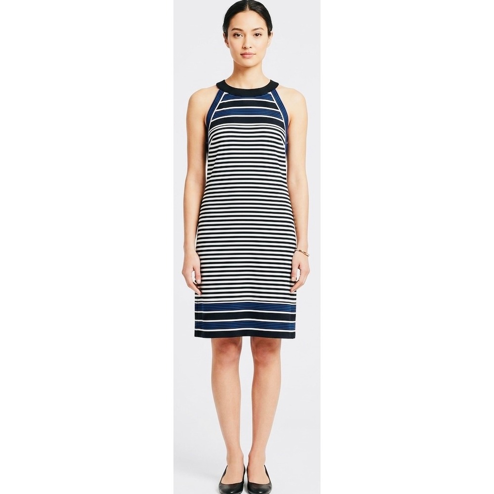J. Jill Wearever Striped Sleeveless Knit Dress Black Blue White Midi NWT Size M